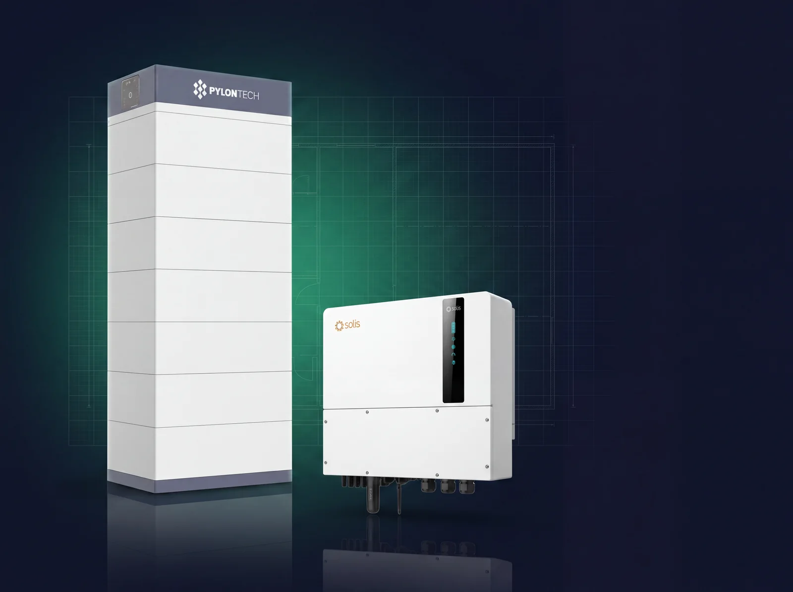 Thuisbatterij 35 kWh - 7 PylonTech Force H3 LiFePO4-batterijmodules met Solis hybride omvormer, wandopstelling, geschikt voor noodstroom en dynamisch laden