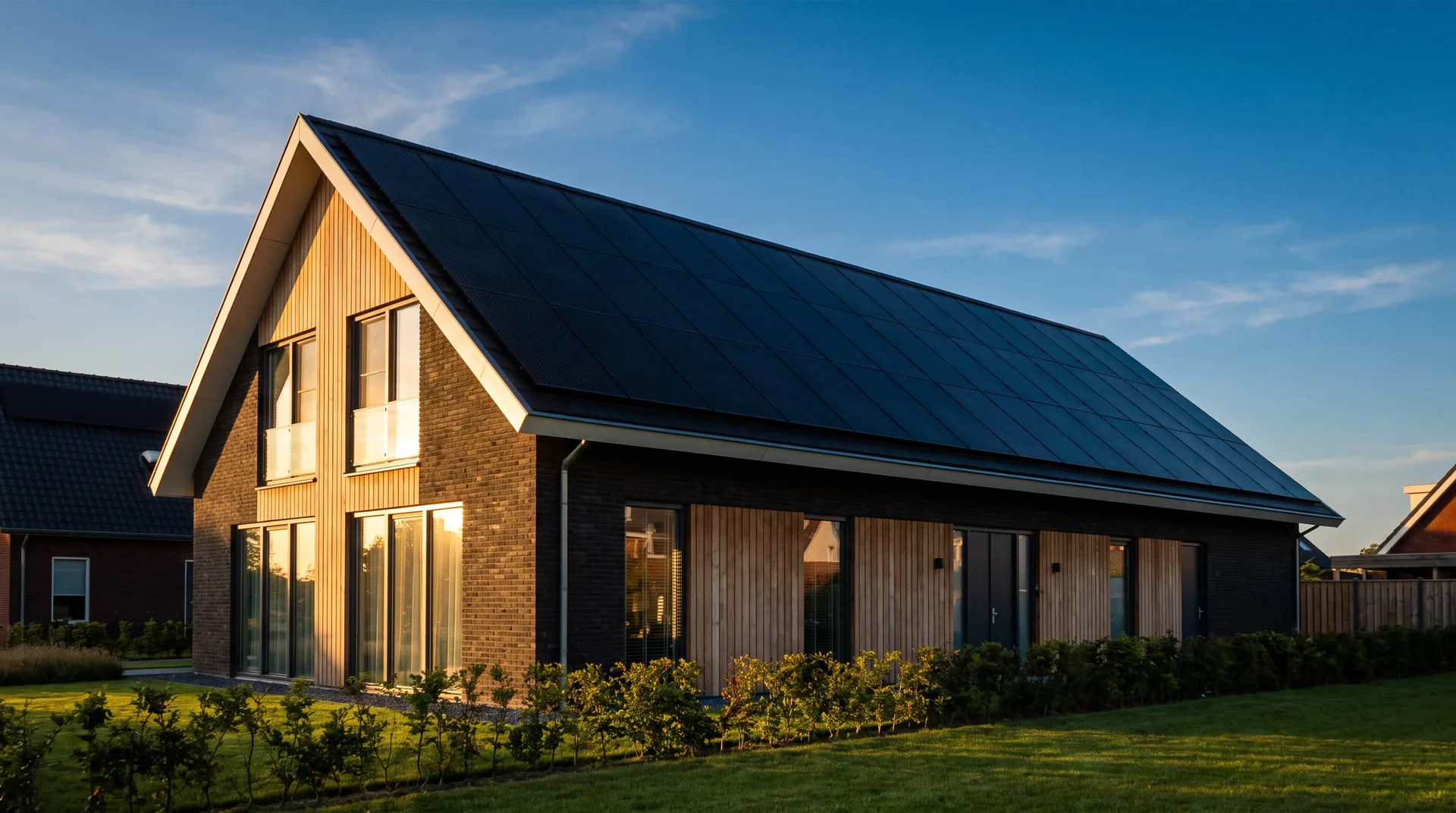 Woning met een volledig met zonnepanelen belegd dak