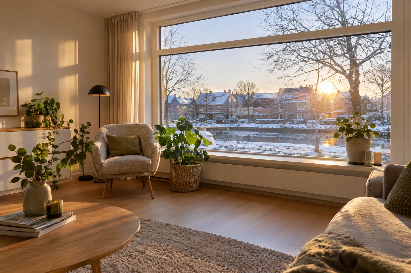 Woonkamer met isolerend glas op een winterse dag