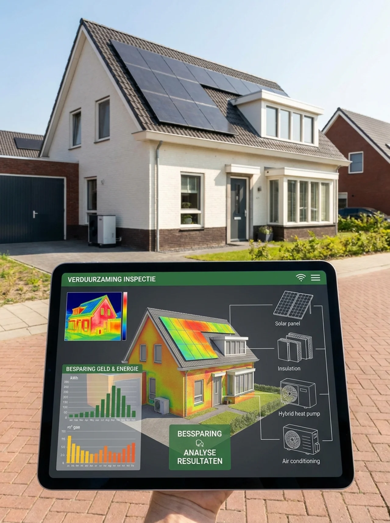 EnergieScan rapport op tablet met besparingsoverzicht en energielabel A